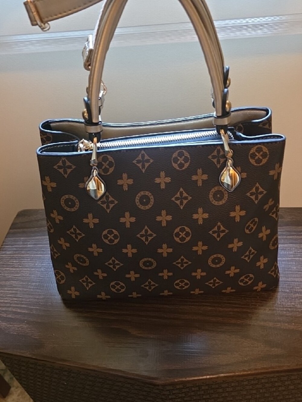 Brown Monogram Satchel Handbag with Gold Accents - Picture 4 of 16